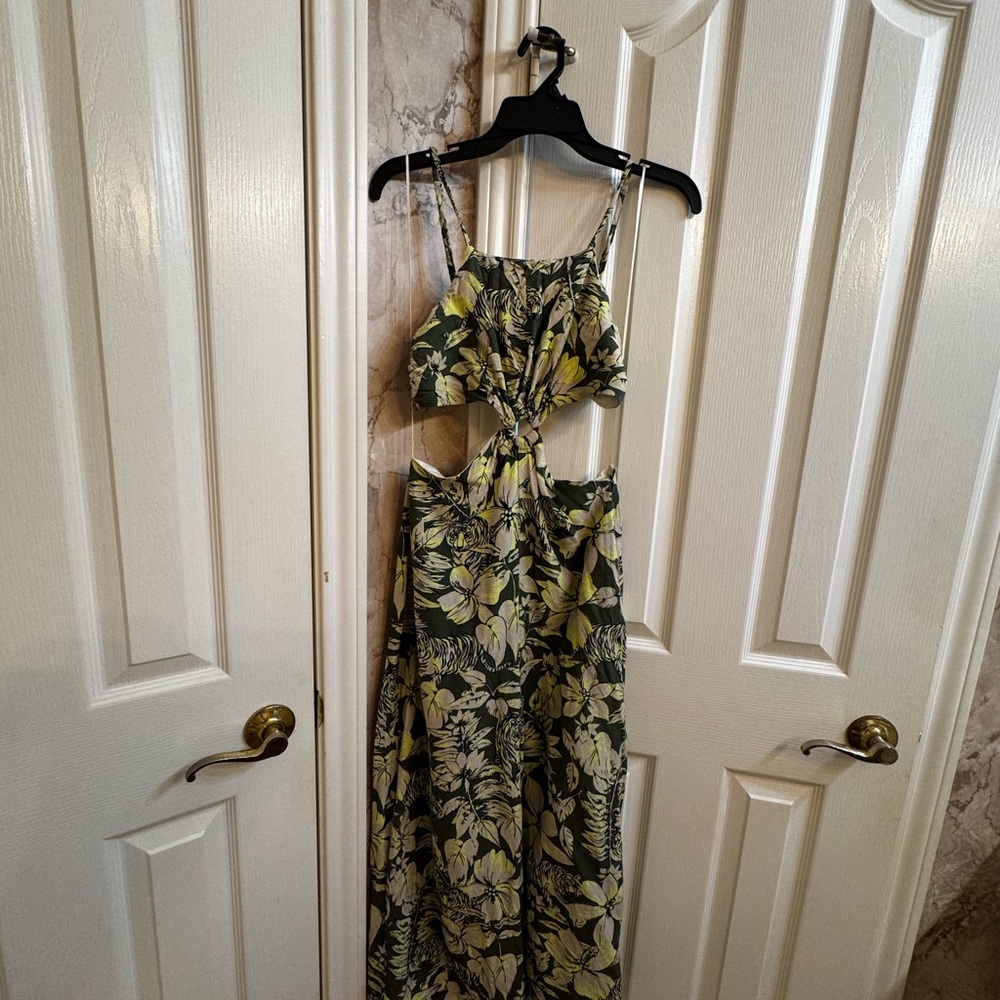 Bershka Floral Cutout Jumpsuit - Green and Yellow